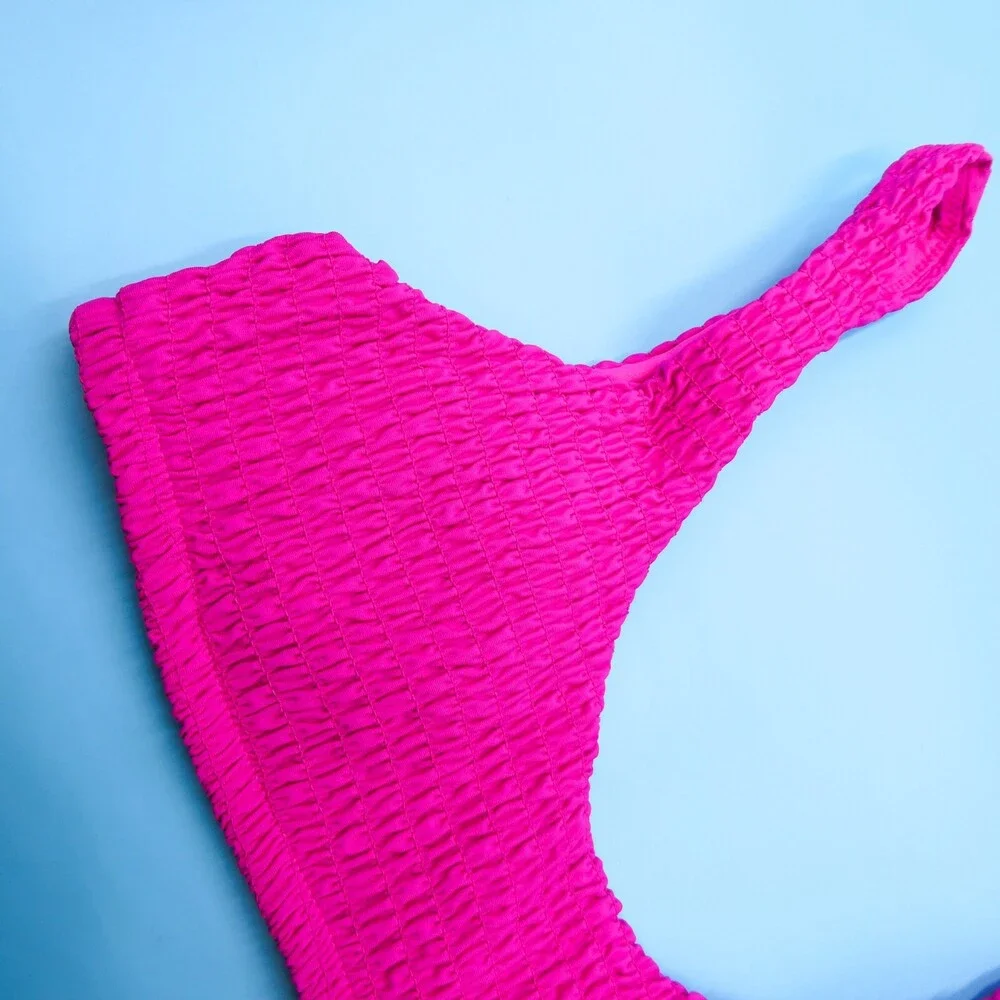 Victorias Secret Medium Pink Ruched Fabric Padded Ribbed Bikini Top Pullover New